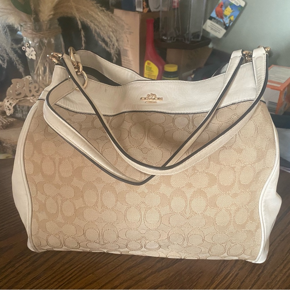 Coach Tan and Cream Shoulder Bag with Signature Monogram